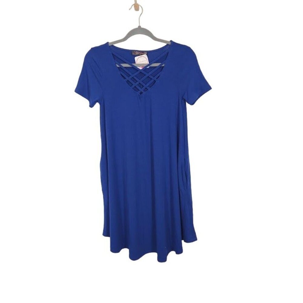 Shiela Rose Criss Cross Neckline Jersey Dress‎ in Blue - Size Small